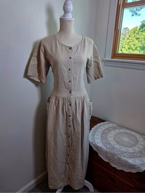 Eddie Bauer Natural Linen Button-Front Maxi Dress